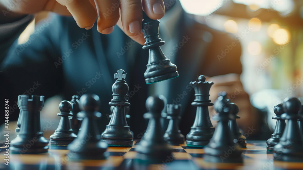 . Business strategy and leadership concept, Businessman playing chess. Close up.  - obrazy, fototapety, plakaty 