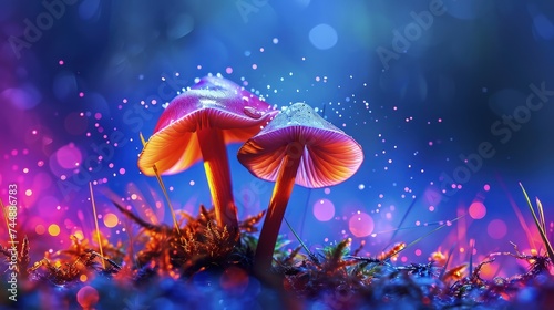 Fantasy Mushroom Wallpaper. Glowing Mushrooms in mystery dark forest close-up. Magic mushrooms in the forest. Glowing fluorescent mushroom in mystic luminescent forest.