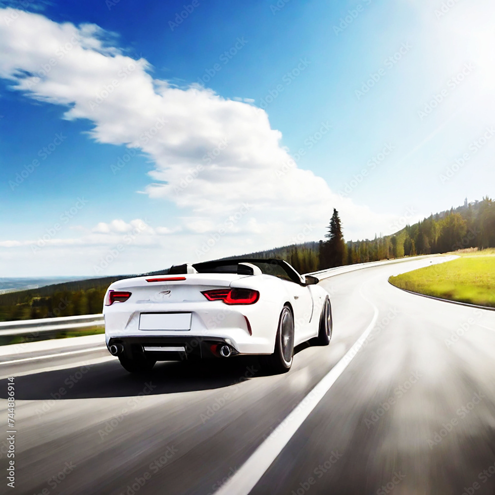 White car speed driving on asphalt road at daytime, ai generated. White car speed driving on asphalt road at daytime, ai generated.