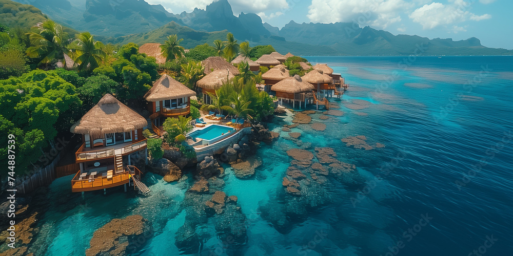 tropical island in the sea,Over water bungalows with steps into amazing green lagoon
