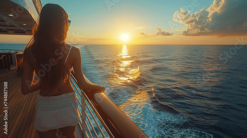 woman on a wooden deck of a cruise ship at sunset, a Luxury cruise ship travel elegant tourist woman on the balcony deck of a luxury yacht, Summer vacation cruise ship