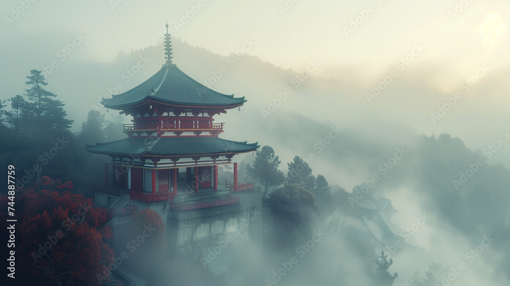Fototapeta premium mysteries japanese temple on the top of the hill with full of mist.