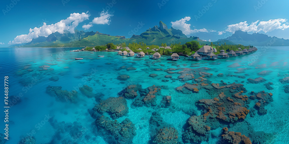 Luxury travel vacation destination panoramic banner.  overwater bungalow villas of Tahiti resort, Bora Bora, French Polynesia. Landscape copy space panorama
