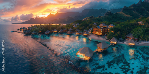Romantic honeymoon getaway in overwater bungalow villas of Tahiti resort, Bora Bora, French Polynesia. Landscape copy space panorama, drone view, sunset