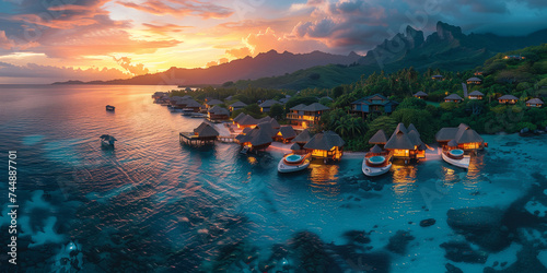 Romantic honeymoon getaway in overwater bungalows villas of Tahiti resort at sunset, Bora Bora, French Polynesia. Landscape copy space panorama