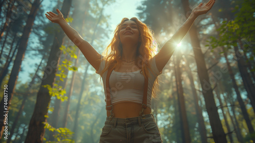 woman with open arms breathing fresh air  a Free woman breathing clean air in a natural forest. Happy girl with open arms in happiness. wellness healthy lifestyle  soft warm light
