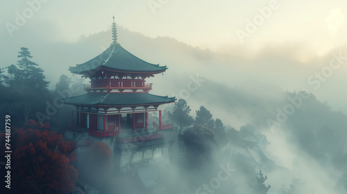 mysteries japanese temple on the top of the hill with full of mist.
