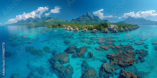 Luxury travel vacation destination panoramic banner.  overwater bungalow villas of Tahiti resort  Bora Bora  French Polynesia. Landscape copy space panorama
