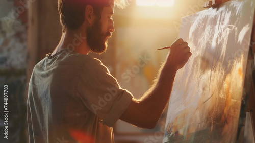 man drawing on the canvas, warm light through the window.