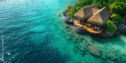 Luxury travel vacation destination panoramic banner. Romantic honeymoon getaway in overwater bungalows villas of Tahiti resort, Bora Bora, French Polynesia. Landscape copy space, top view, drone view