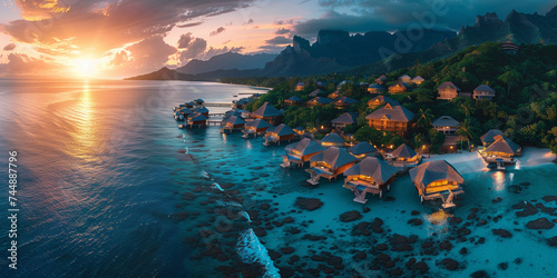 Luxury travel vacation destination at sunset Romantic honeymoon getaway in overwater bungalow villas of Tahiti resort, Bora Bora, French Polynesia. Landscape copy space panorama