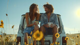 Happy young couple having a coffee break during a road trip in the countryside. Man and woman sitting in car trunk and having coffee during a summer road trip