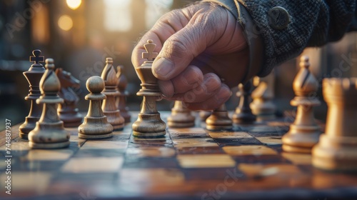 Businessman hand moving Chess King figure and Checkmate opponent during a chessboard competition. Strategy, Success, management, business planning, disruption and leadership concept photo
