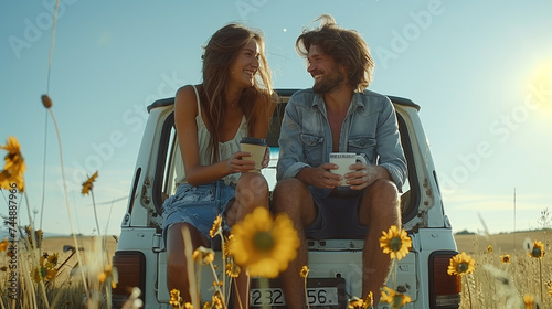 Happy young couple having a coffee break during a road trip in the countryside. Man and woman sitting in car trunk and having coffee during a summer road trip photo