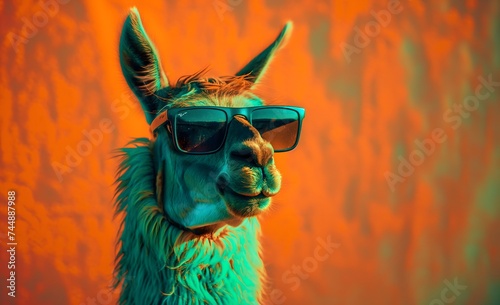 Cooles Lama mit Sonnenbrille, grün orange Hintergrund © GreenOptix