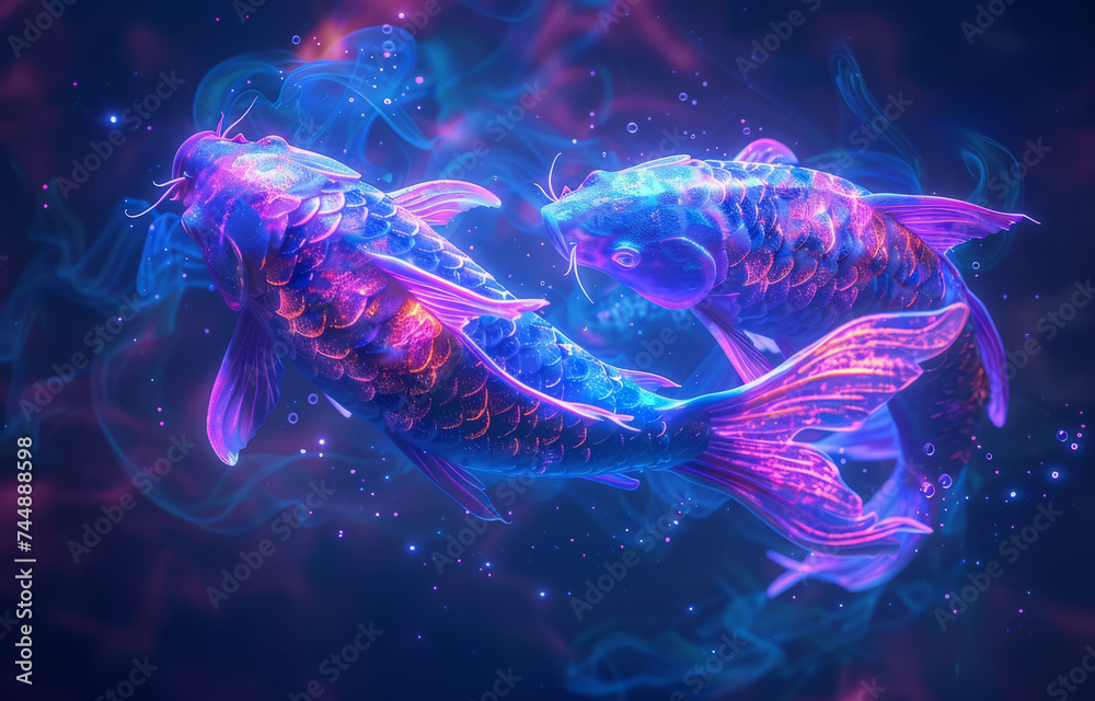 Zodiac sign Pisces. Two fish in purple and blue neon lights on a starry background.