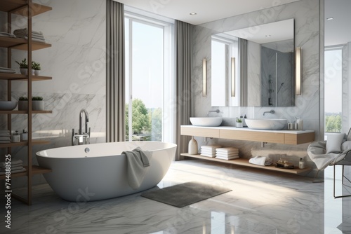 Luxurious modern bathroom interior featuring a spacious bathtub  elegant double sink vanity  and a floor-to-ceiling window with picturesque views of the surrounding landscape