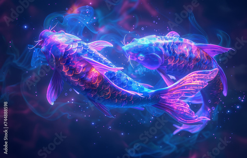 Zodiac sign Pisces. Two fish in purple and blue neon lights on a starry background. photo