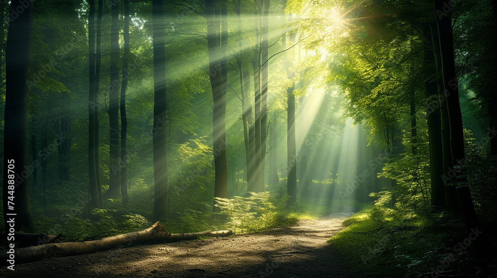 Fototapeta premium Beautiful rays of sunlight in a green forest