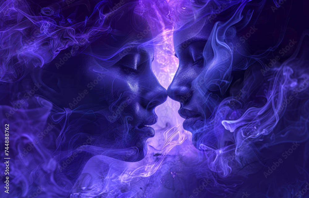 Gemini zodiac sign depicting twins in purple and blue neon lights on a starry background. Gemini zodiac sign depicting twins in purple and blue neon lights on a starry background.
