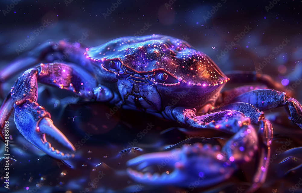 Zodiac sign Cancer with a stylized cancer in purple and blue neon lights on a starry background. Zodiac sign Cancer with a stylized cancer in purple and blue neon lights on a starry background.