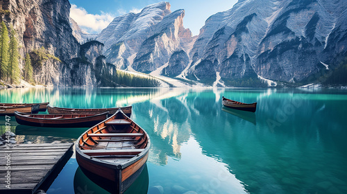 Boats on the Braies Lake Pragser Wildsee in Dolomites mountain with boat photo