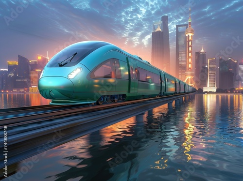 Modern maglev Train Traveling Down Train Tracks, evolution technology concept, capital downtown