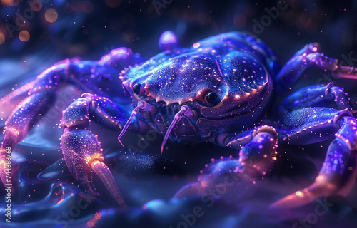 Zodiac sign Cancer with a stylized cancer in purple and blue neon lights on a starry background.