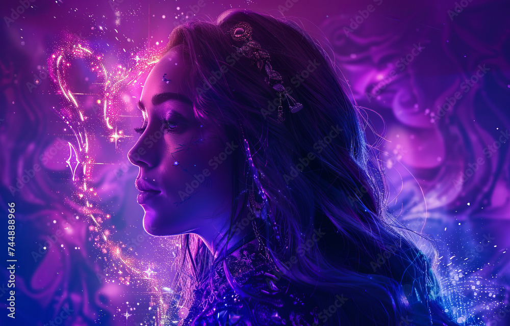 Virgo zodiac sign with a stylized image of a young woman in purple and blue neon lights on a starry background. Virgo zodiac sign with a stylized image of a young woman in purple and blue neon lights on a starry background.