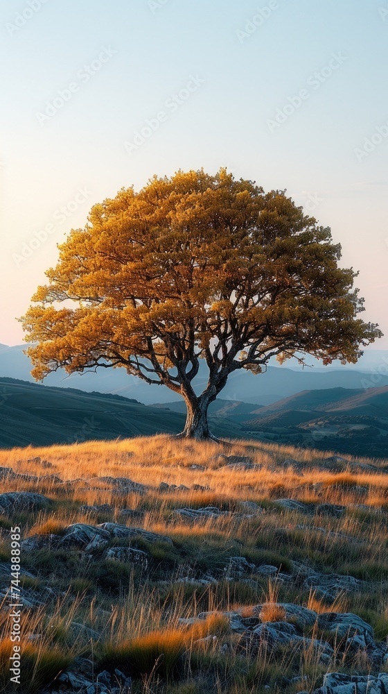 A single tree stands tall in the center of a vast grassy field under the open sky.
