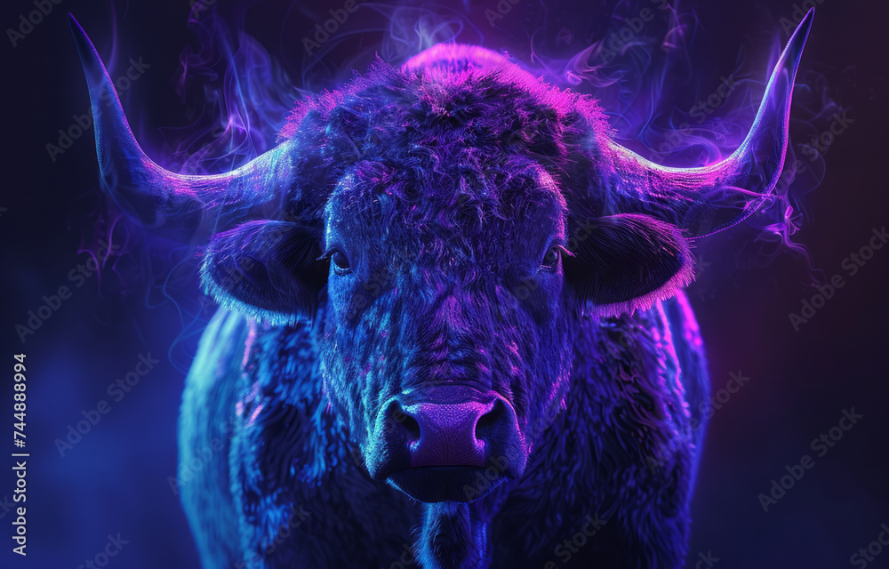 Zodiac sign Taurus with a stylized bull's head in purple and blue neon lights on a starry background.
