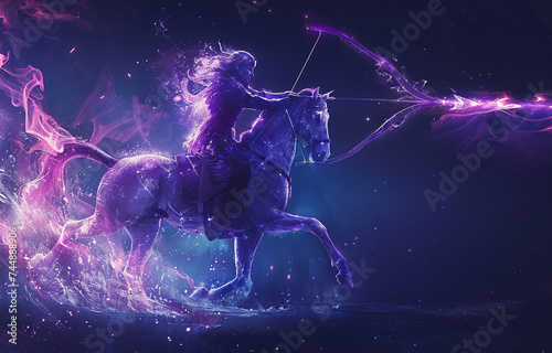 Zodiac sign Sagittarius with a stylized image of a horseman with a bow or a Centaur in purple and blue neon lights on a starry background.