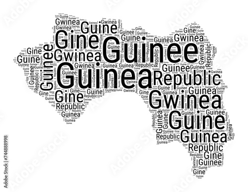 Black and white word cloud in Guinea shape. Simple typography style country illustration. Plain Guinea black text cloud on white background. Vector illustration.