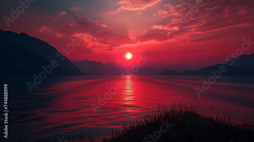 Sunset with red sky, lake and mountain silhouettes on the horizon