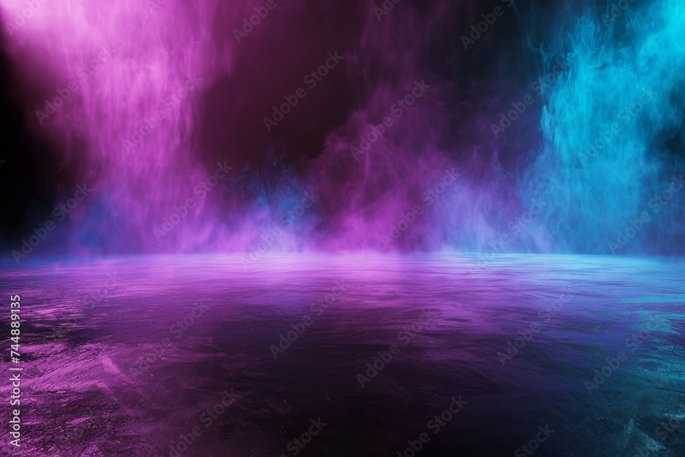 Abstract backdrop environment with blue and purple illuminated mist.