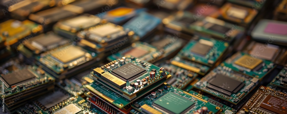 Viele Computerchips, Mikrochips für digitale Geräte, GPU auf einem Haufen, Konzept Chipmangel Viele Computerchips, Mikrochips für digitale Geräte, GPU auf einem Haufen, Konzept Chipmangel