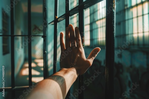 Hand Reaching Out of Jail Cell Door. Generative AI photo