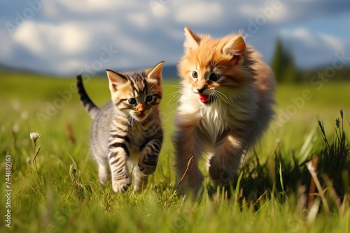Two playful kittens joyfully frolic in a lush green meadow, their fluffy fur illuminated by the warm sunlight. A tranquil forest in the background adds to the charm of this delightful scene.