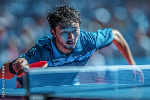 Focused Athlete in Intense Competitive Table Tennis Match Indoors photo