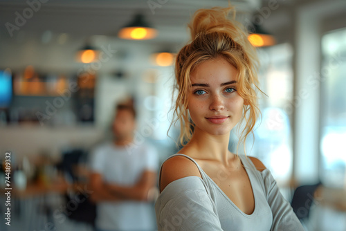 Casual young woman smiling in a bright, modern cafe.