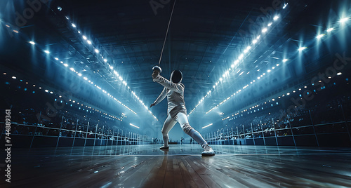 Fencer lunging forward in a competitive duel under bright lights. photo