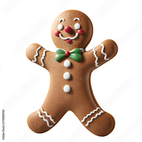 A gingerbread man with a green bow tie isolated on transparent png background photo