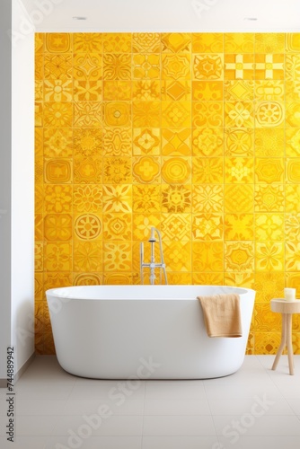 Abstract yellow colored traditional motif tiles wallpaper floor texture background