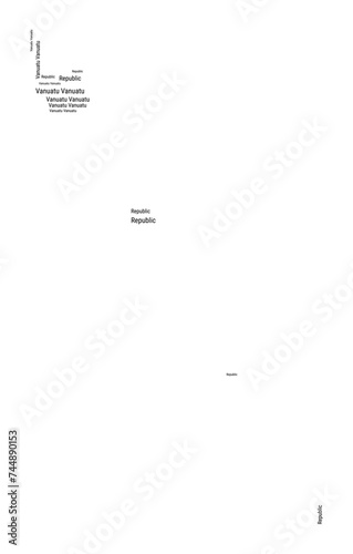Black and white word cloud in Vanuatu shape. Simple typography style country illustration. Plain Vanuatu black text cloud on white background. Vector illustration.