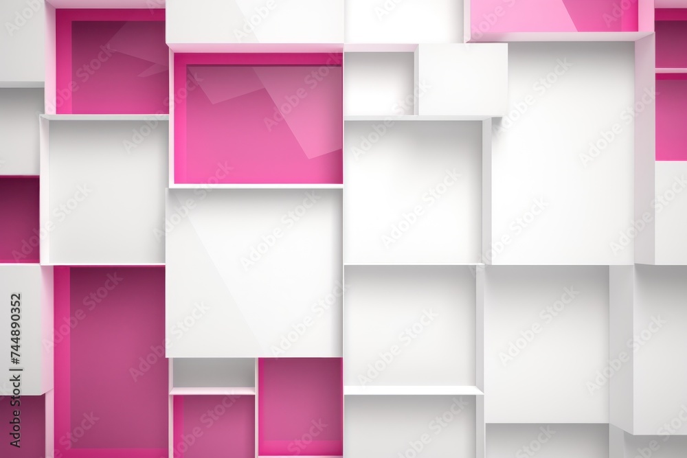 An abstract background with Magenta and white squares, in the style of layered geometry