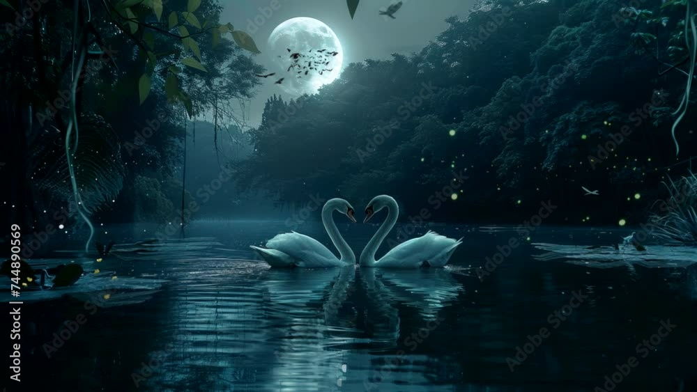 a couple of swans swimming in the river in the night. Seamless looping time-lapse virtual 4k video animation background
