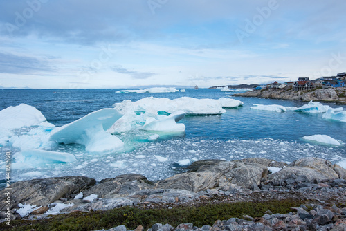 Icebergs and Illulisat from Yellow Route Hiking Trail, Greenland. photo