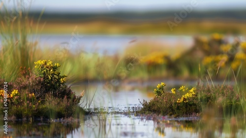 Lush wetland with colorful flora and reflective water