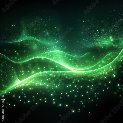 Digital green particles wave and light abstract background with shining dots