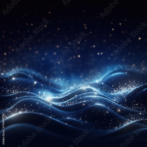 Digital indigo particles wave and light abstract background with shining dots